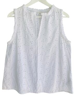 GAP Top Sleeveless Open V-Neck Ruffle Accents White Eyelet Women Size L